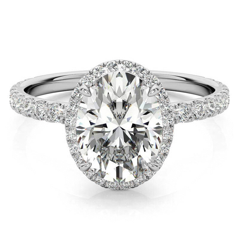 Anillo de compromiso de moissanita con halo de corte ovalado en oro blanco de 10 quilates-12