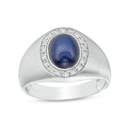 Anel de sinete oval em ouro branco 10K criado em laboratório com estrela, safira azul e diamante de 1/8 CT