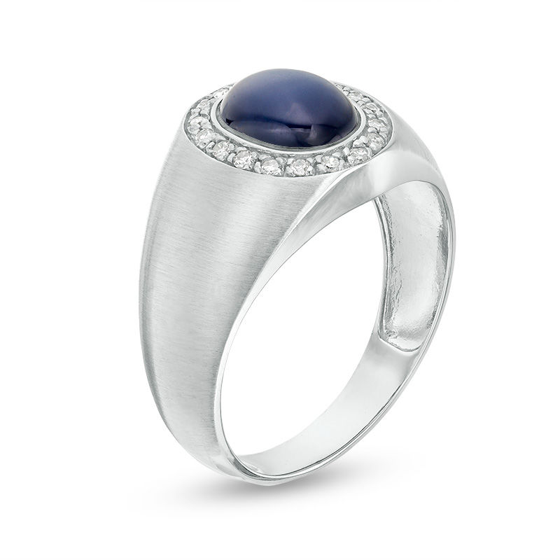 10K White Gold Oval Lab-Created Star Blue Sapphire and 1/8 CT Diamond Frame Signet Band-3