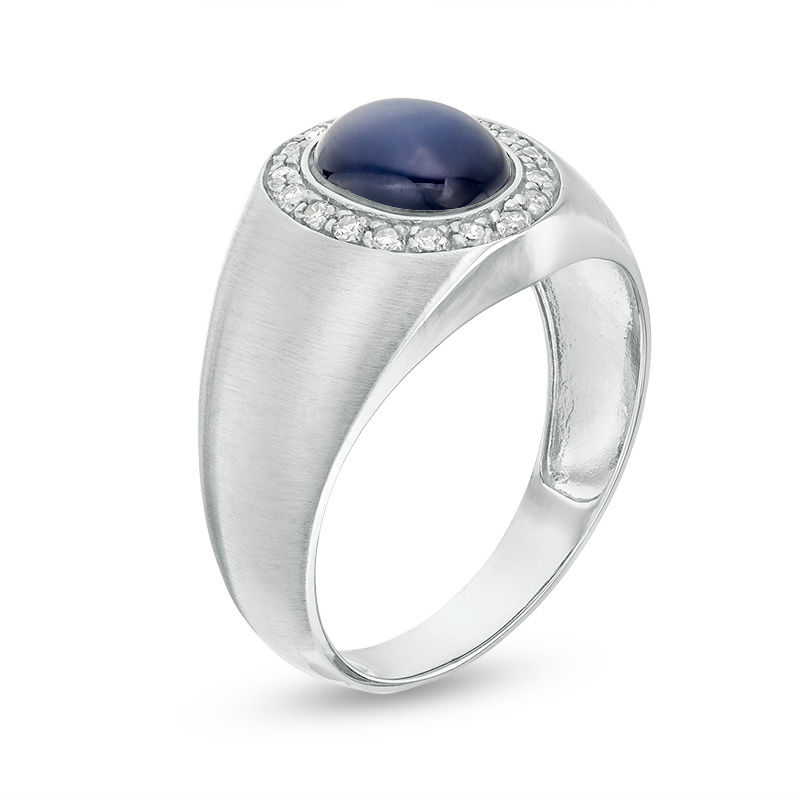 10K White Gold Oval Cut Diamond & Sapphire Custom Signet Ring for Men H Color I2 Clarity 3EX-3