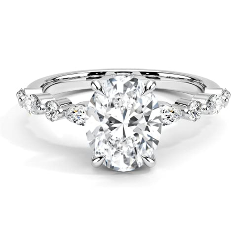 10K White Gold Oval Shaped Moissanite Personalized Engraving Engagement Ring