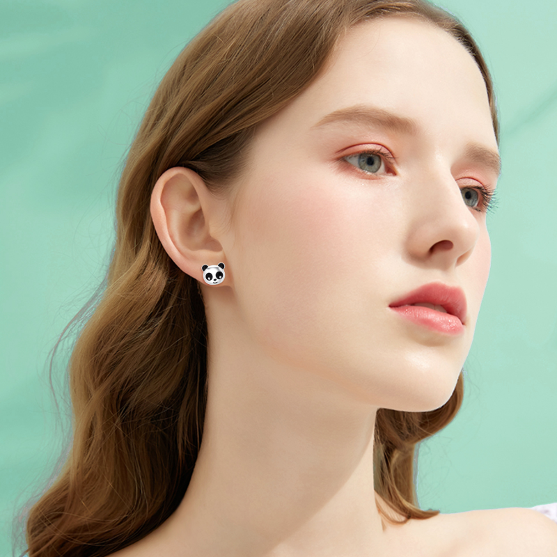 10K White Gold Panda Stud Earrings-2