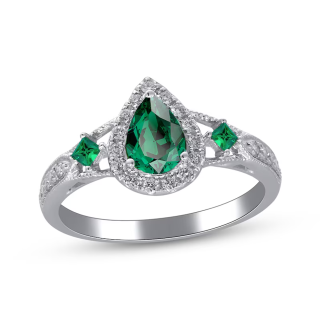 10K White Gold Pear Cut Emerald & Diamond Halo Engagement Ring-11