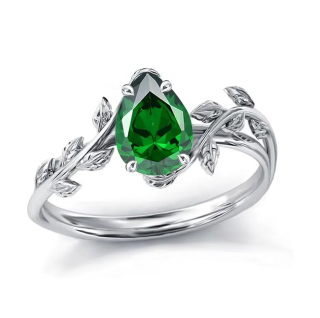 Anillo de compromiso de oro blanco de 10 quilates con hojas de esmeralda de talla pera para su cumpleaños o aniversario.-15