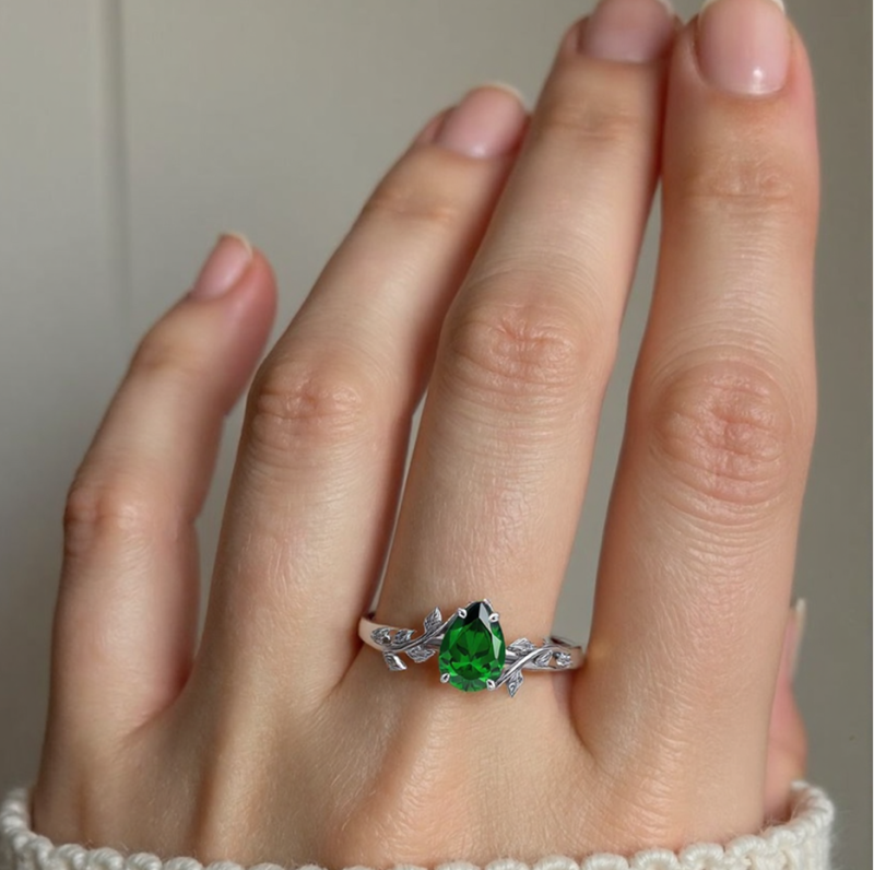 10K White Gold Pear Cut Emerald Leaves Promise Band for Her Birthday Anniversary Jewelry-2