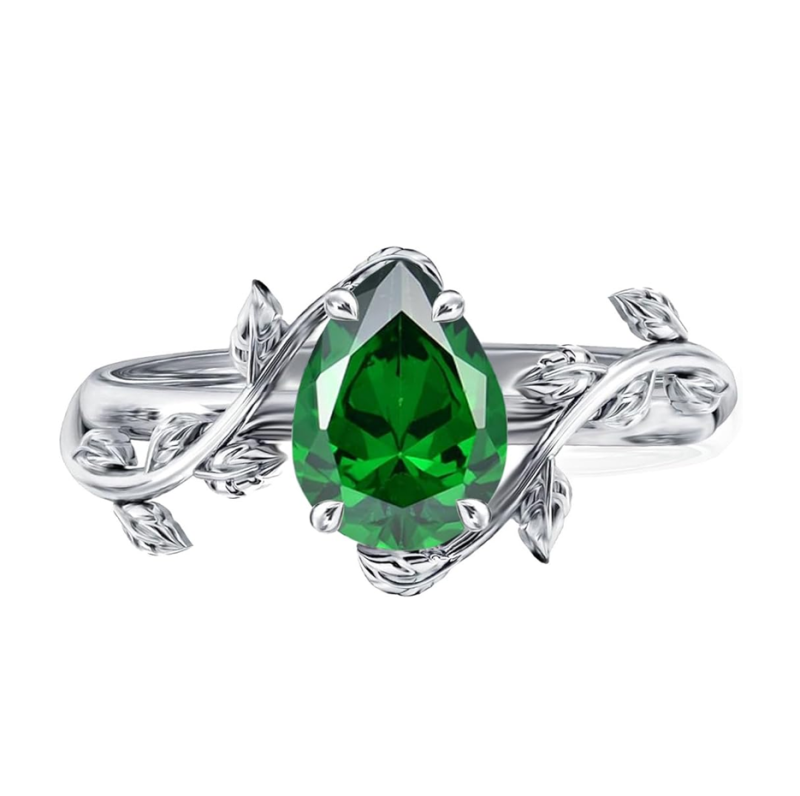 10K White Gold Pear Cut Emerald Leaves Promise Band for Her Birthday Anniversary Jewelry-3