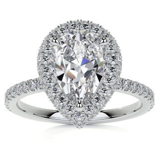 Anillo de compromiso de moissanita con halo de corte pera en oro blanco de 10 quilates-16