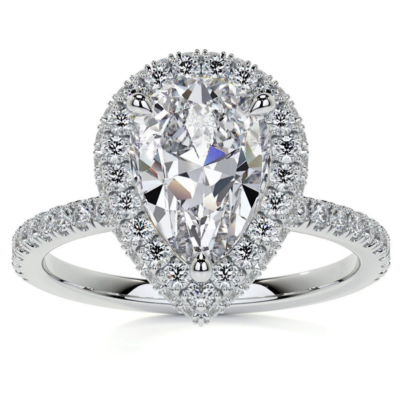 Anillo de compromiso de moissanita con halo de corte pera en oro blanco de 10 quilates-16