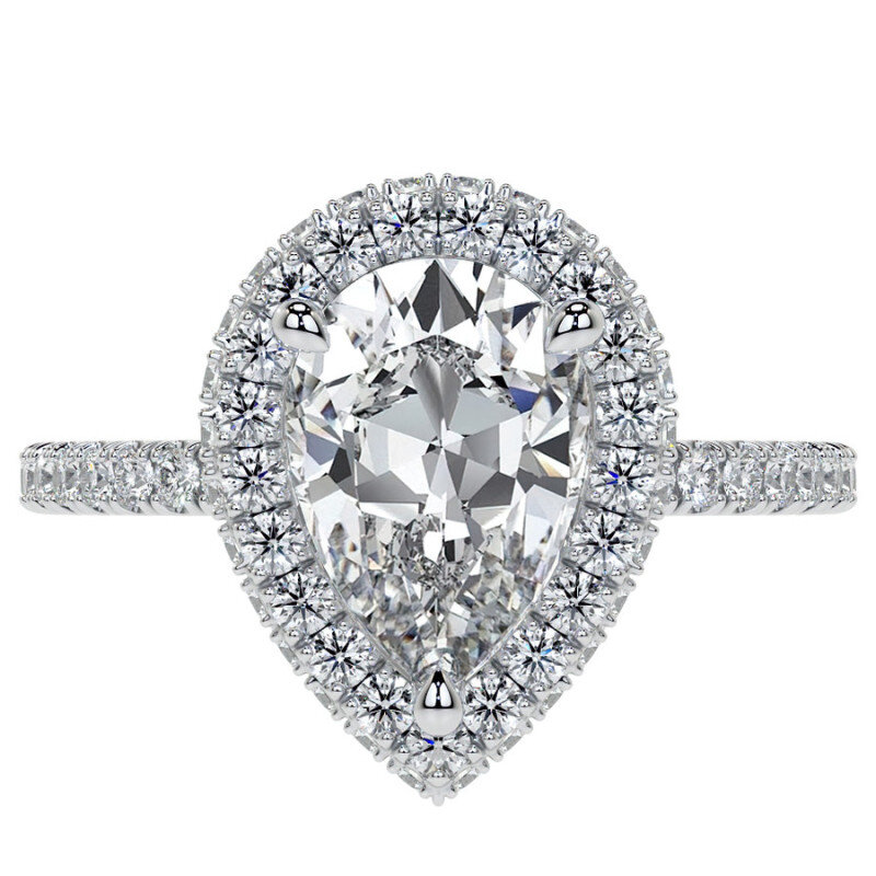 Anillo de compromiso de oro blanco de 10 quilates con halo de moissanita talla pera-3