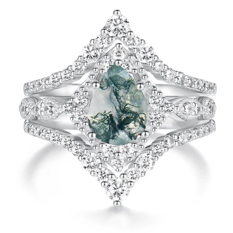 10K Weißgold-Brillant-Schnitt-Moissanit- und Moos-Achat-Brautset-6