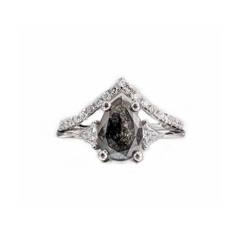 Anel de diamante Herkimer com lapidação pera em ouro branco 10K-14
