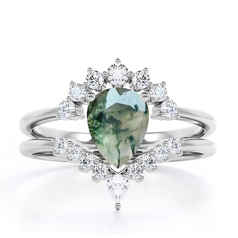 10K White Gold Pear Moss Agate With Moissanite Engagement Ring-1