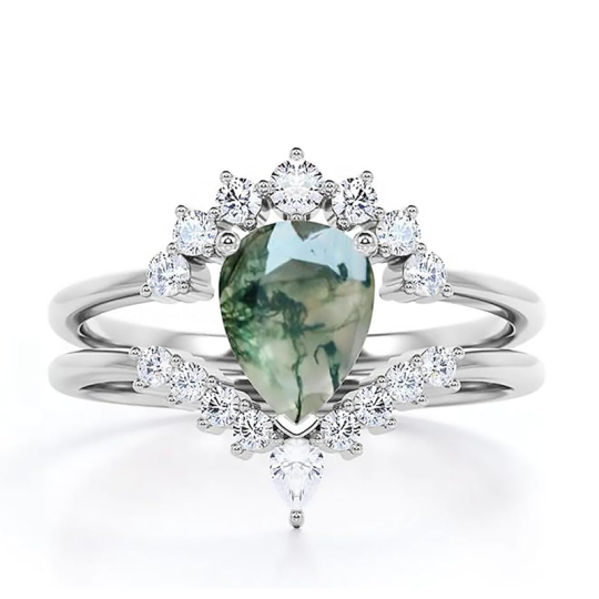 10K White Gold Pear Moss Agate With Moissanite Engagement Ring
