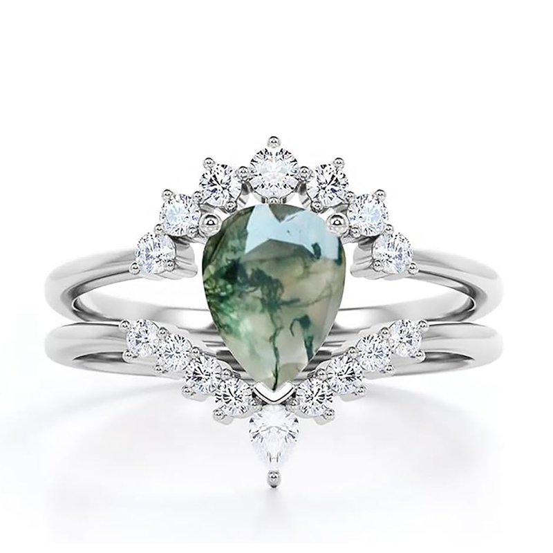 10K White Gold Pear Moss Agate With Moissanite Engagement Ring-20