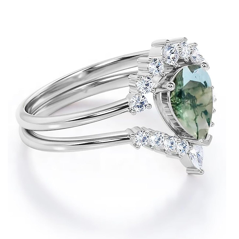 10K White Gold Pear Moss Agate With Moissanite Engagement Ring-2