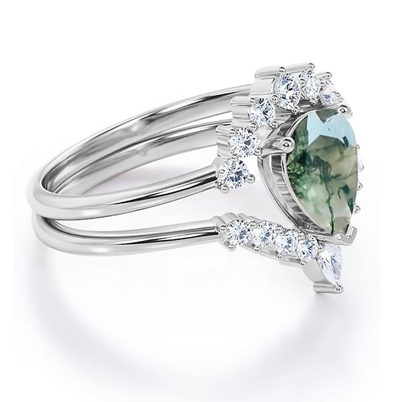 18K White Gold Pear Moss Agate With Moissanite Engagement Ring-2