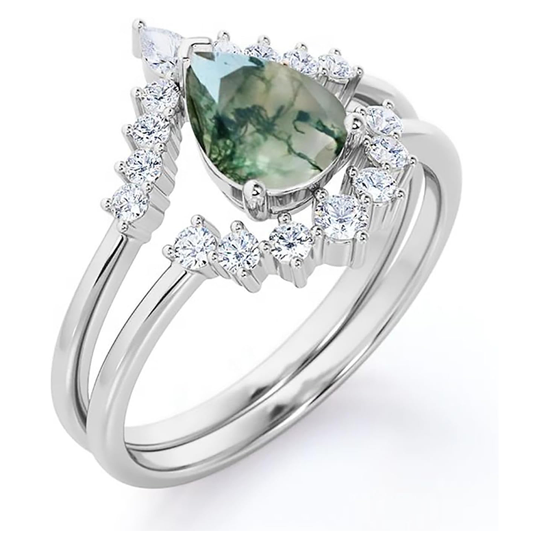 10K White Gold Pear Moss Agate With Moissanite Engagement Ring-3