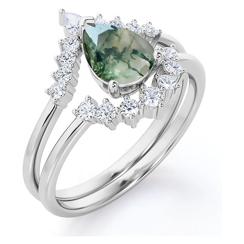 18K White Gold Pear Moss Agate With Moissanite Engagement Ring-3
