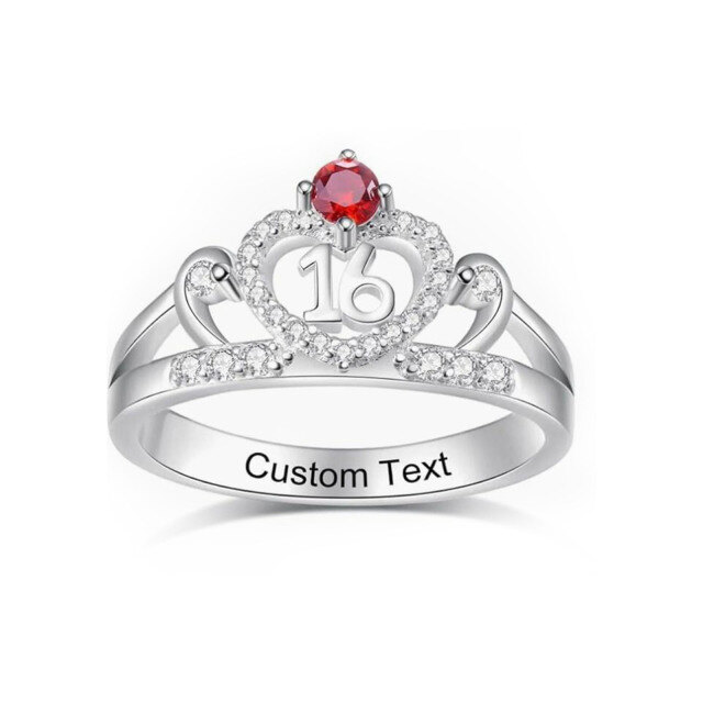 10K White Gold Cubic Zirconia Personalized Birthstone & Personalized Engraving & Crown Ring