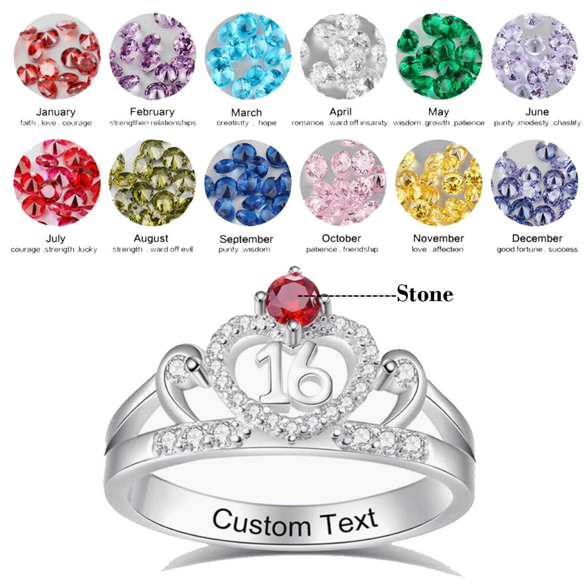 10K White Gold Cubic Zirconia Personalised Birthstone Engraving Crown Ring For Women-2