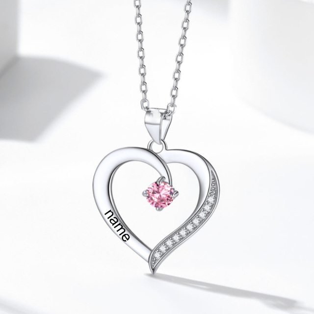 10K White Gold Personalized Birthstone & Personalized Engraving & Heart Pendant Necklace-2