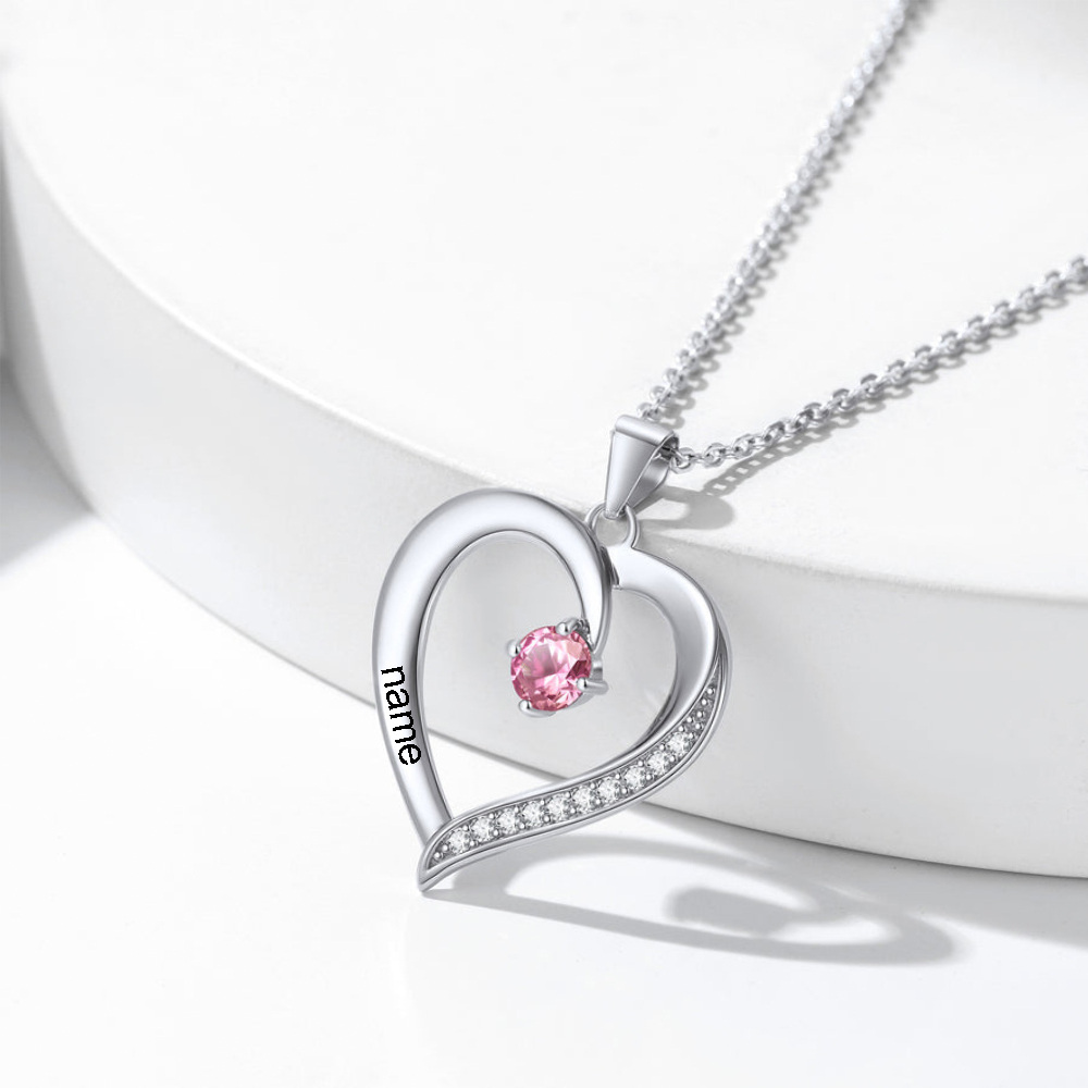 10K White Gold Personalized Birthstone & Personalized Engraving & Heart Pendant Necklace-3