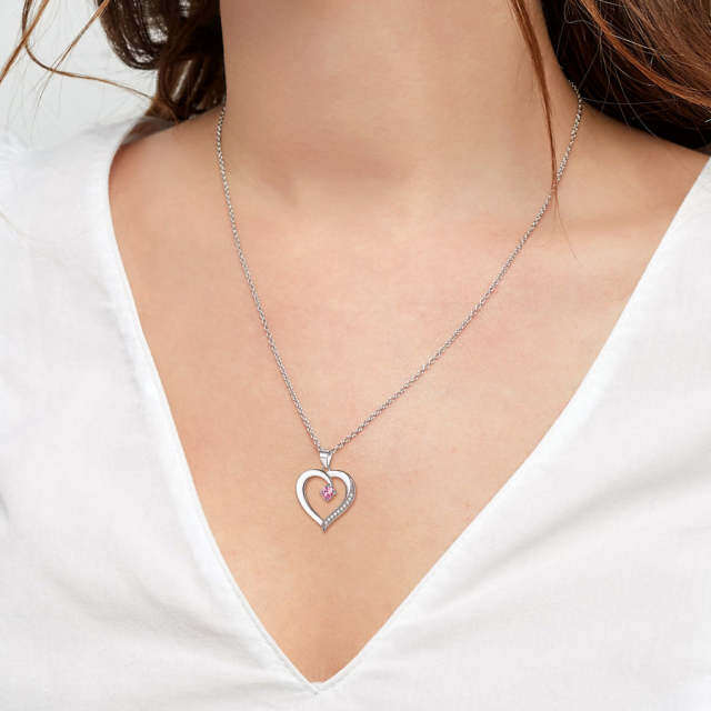 10K White Gold Personalized Birthstone & Personalized Engraving & Heart Pendant Necklace-4