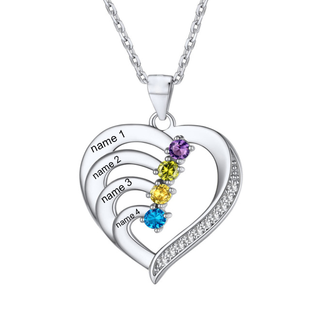 10K White Gold Personalized Birthstone & Personalized Engraving & Heart Pendant Necklace-1