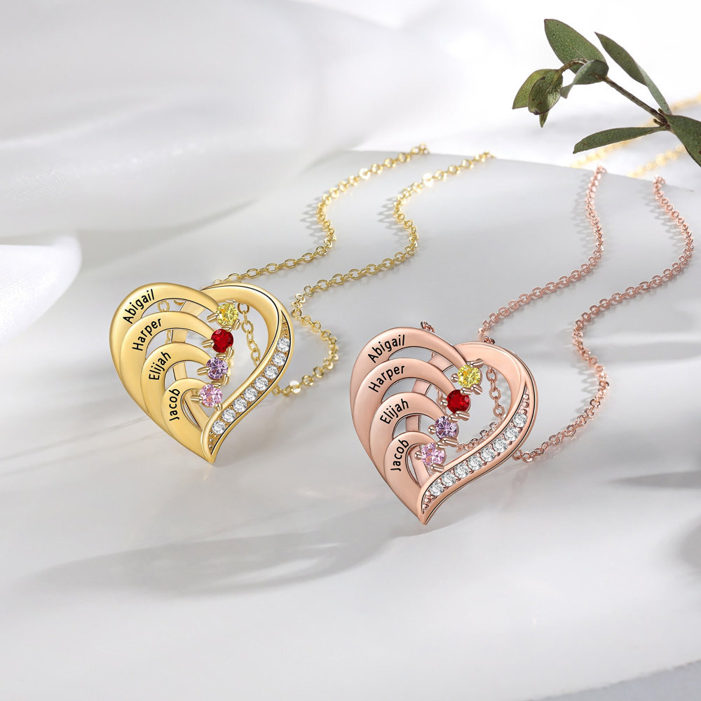 10 quilates de oro blanco personalizado piedra de nacimiento y grabado corazón collar colg-2