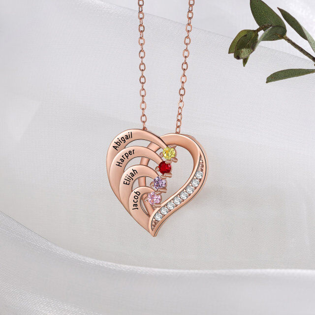 10K White Gold Personalized Birthstone & Personalized Engraving & Heart Pendant Necklace-3