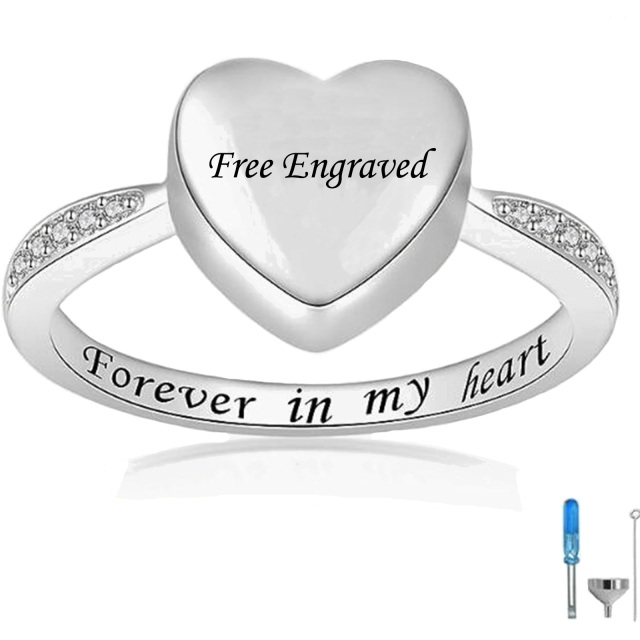 10K White Gold Cubic Zirconia Personalized Birthstone & Personalized Engraving & Heart Urn Ring-1