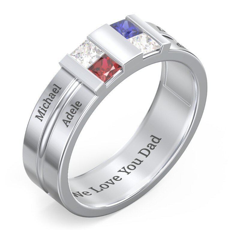 10K White Gold Cubic Zirconia Personalized Birthstone & Personalized Engraving Ring for Men-4