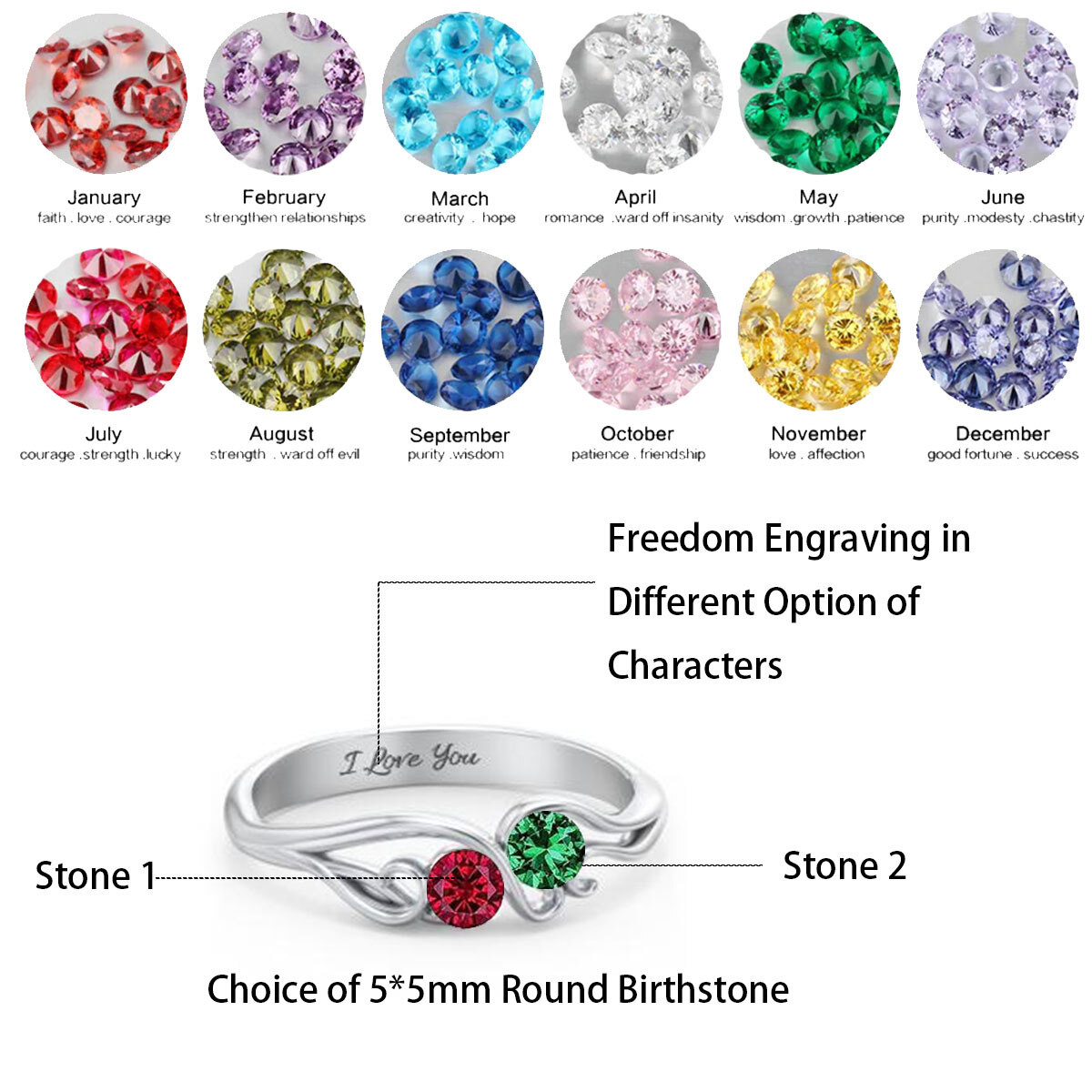 10K White Gold Personalized Birthstone & Personalized Engraving Birthstone Ring-4