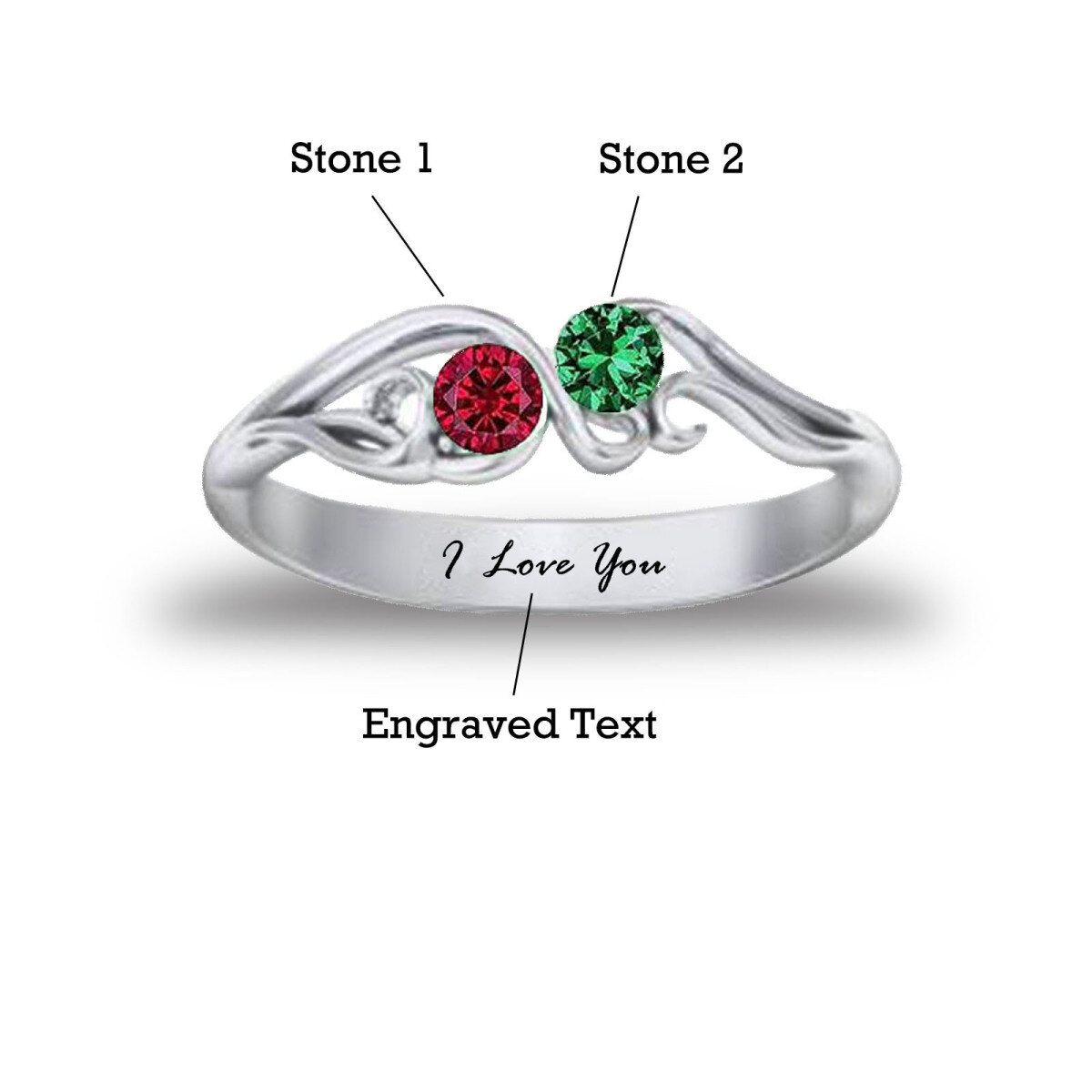 10K White Gold Personalized Birthstone & Personalized Engraving Birthstone Ring-5