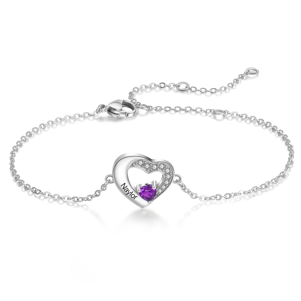18K White Gold Cubic Zirconia Personalized Birthstone & Name With Heart Charm Bracelet-1