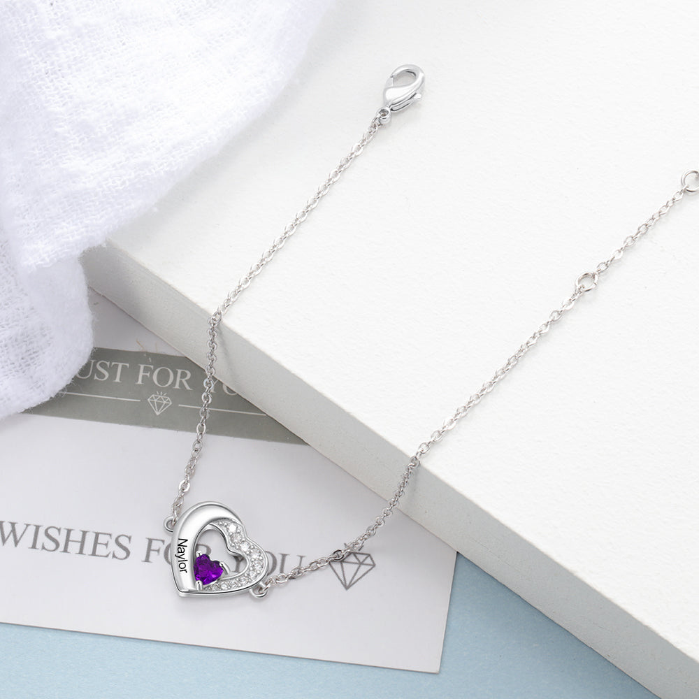 18K White Gold Cubic Zirconia Personalized Birthstone & Name With Heart Charm Bracelet-3