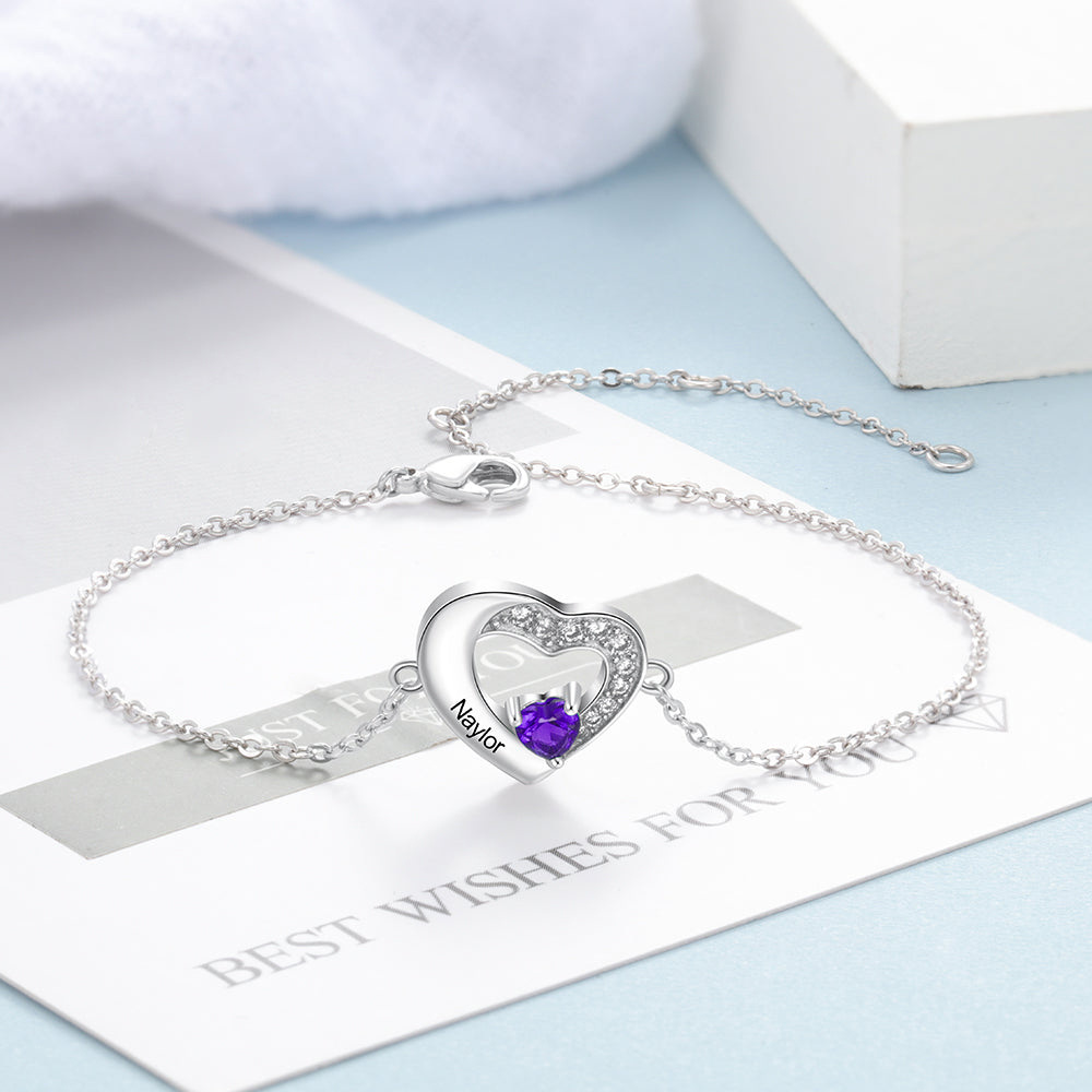18K White Gold Cubic Zirconia Personalized Birthstone & Name With Heart Charm Bracelet-4