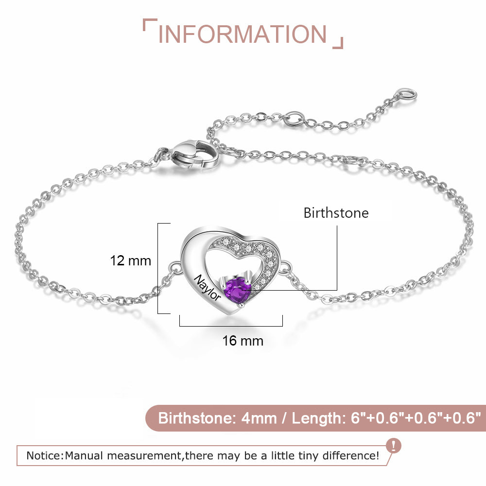 18K White Gold Cubic Zirconia Personalized Birthstone & Name With Heart Charm Bracelet-5