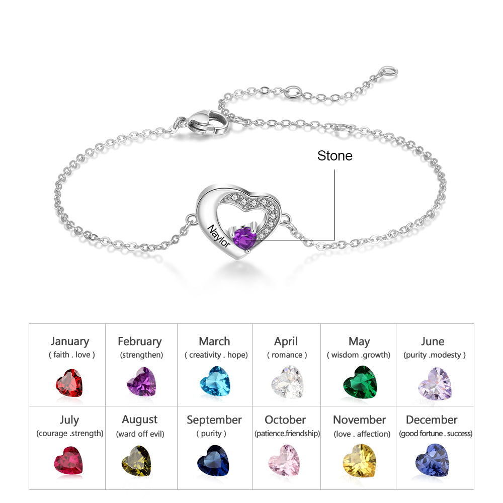 10K White Gold Cubic Zirconia Personalized Birthstone & Name With Heart Pendant Bracelet-6