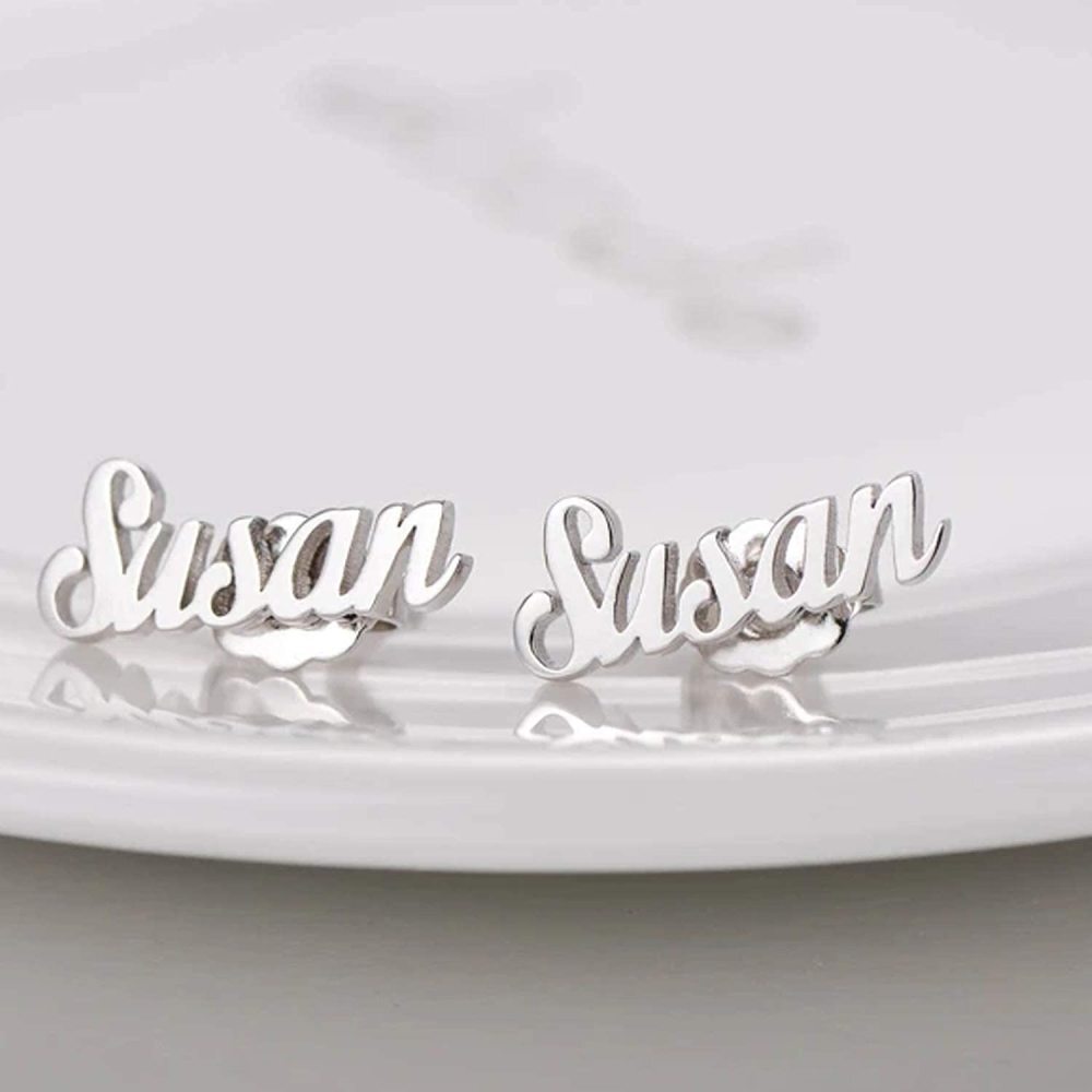 Brincos de pino com nome clássico personalizado em ouro branco 10K-3