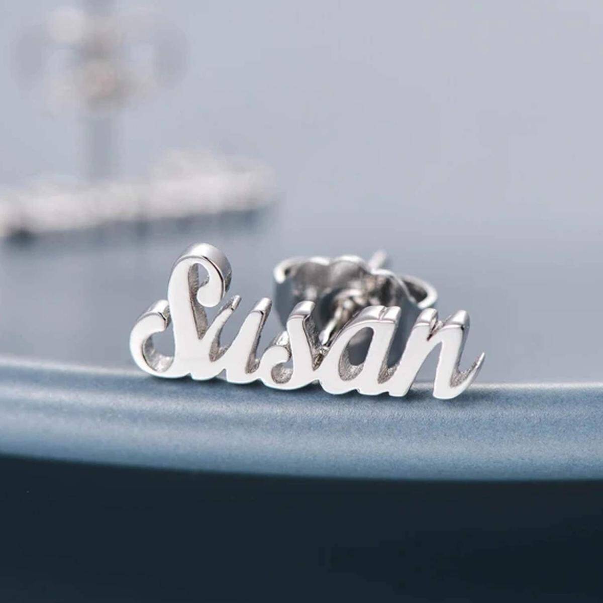 10K White Gold Personalized Classic Name Stud Earrings-4