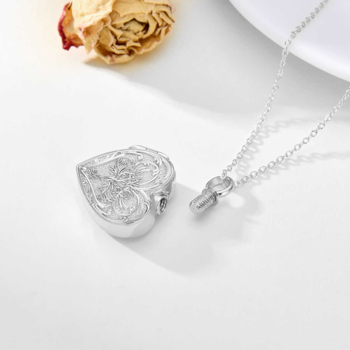 10K White Gold & Personalized Engraving Tree Of Life Urn Necklace for Ashes-4