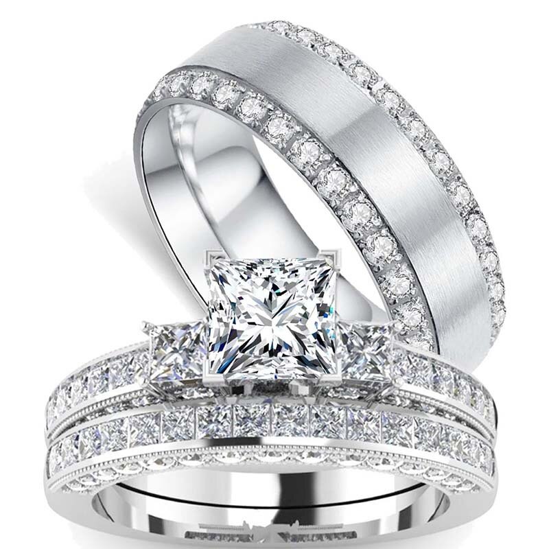 10K Weißgold Prinzessschliff Paarringe Verlobungsring Set Moissanit Paar Set-2