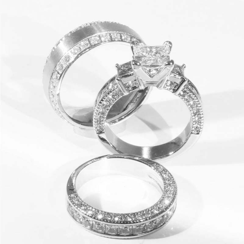Conjunto de anéis de noivado personalizados para casal em ouro branco 10K com corte princesa e moissanita-2