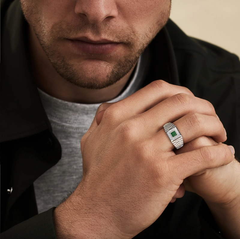 10K White Gold Princess Cut Emerald & 0.2 CT.T.W. Diamond Wedding Band for Men-2