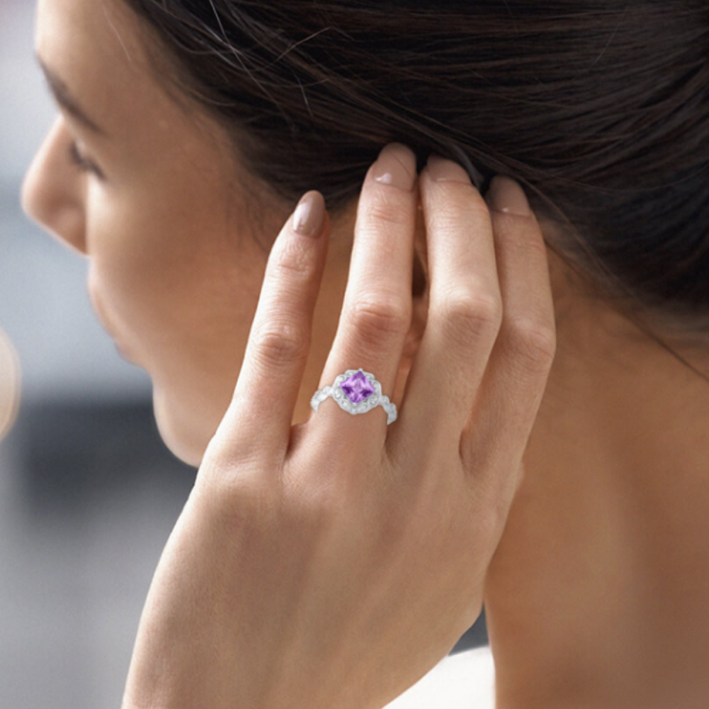 Bague de fiançailles personnalisée en or blanc 10 carats avec fleurs taille princesse et pierres précieuses-3
