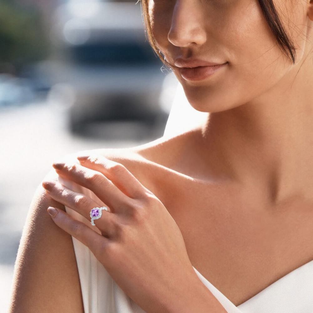 Bague de fiançailles personnalisée en or blanc 10 carats avec fleurs taille princesse et pierres précieuses-4