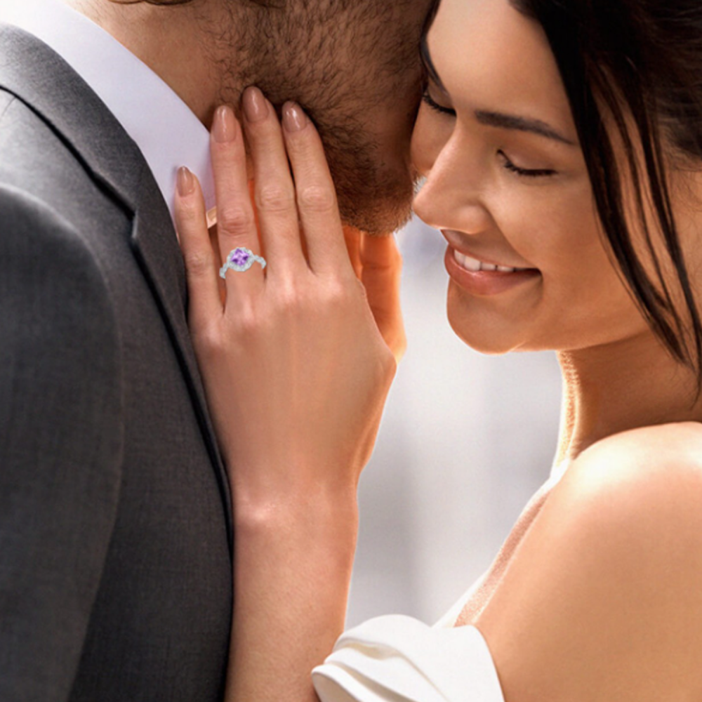 Bague de fiançailles personnalisée en or blanc 10 carats avec fleurs taille princesse et pierres précieuses-5