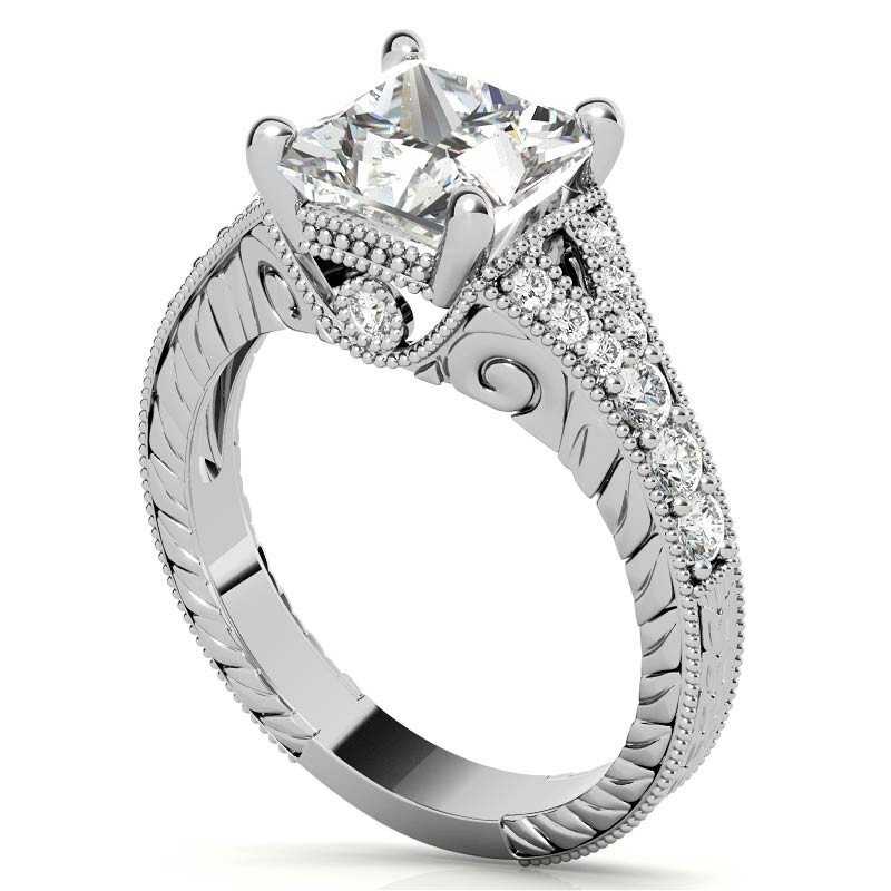 18K White Gold Princess Cut Vintage Moissanite Engagement Ring-7