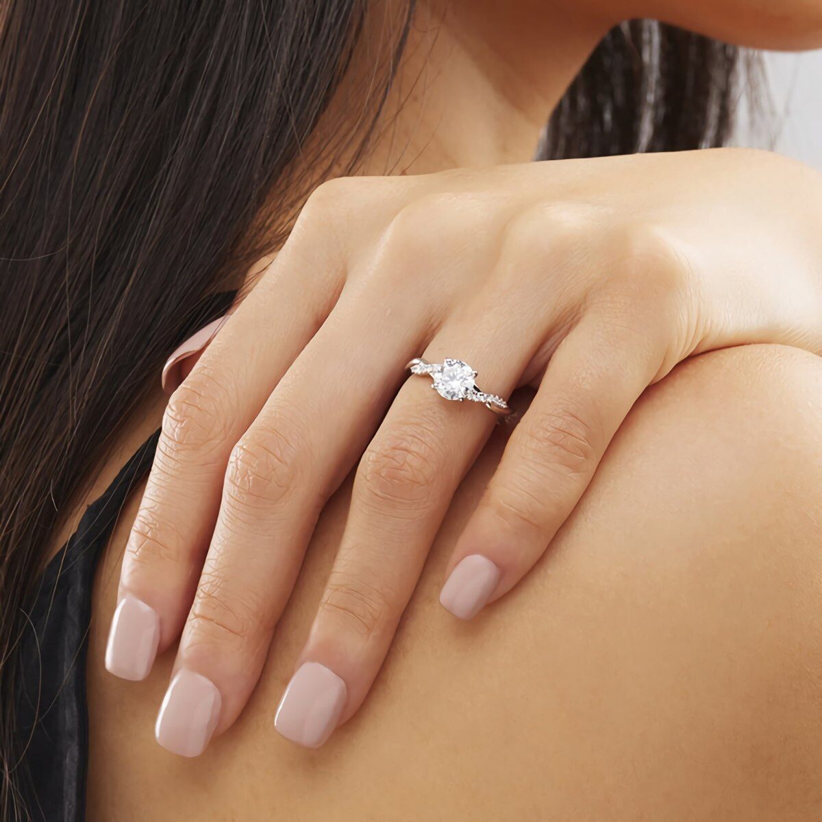 10K White Gold Princess Shaped Moissanite Personalized Engraving Engagement Ring-5